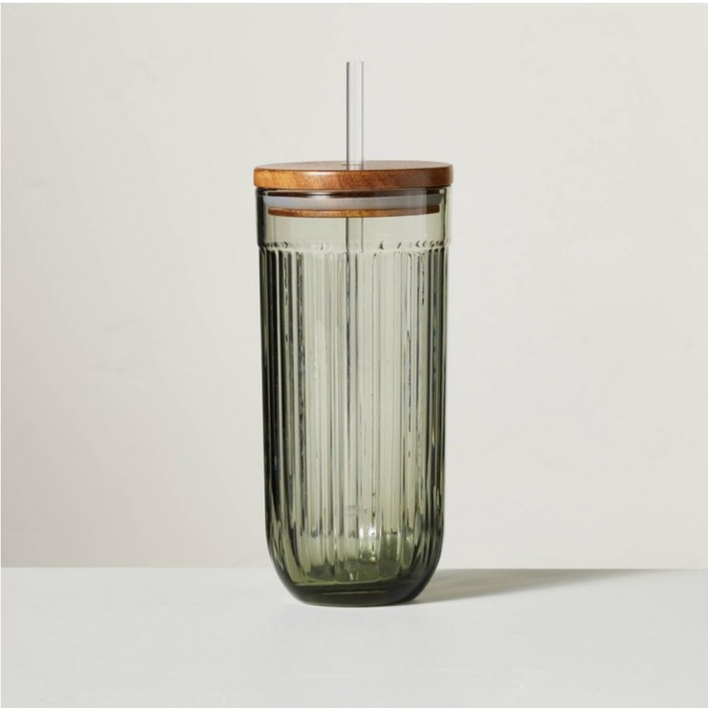 21oz Fluted Glass Tumbler with Wood Lid Green - Hearth & Hand™ with Magnolia